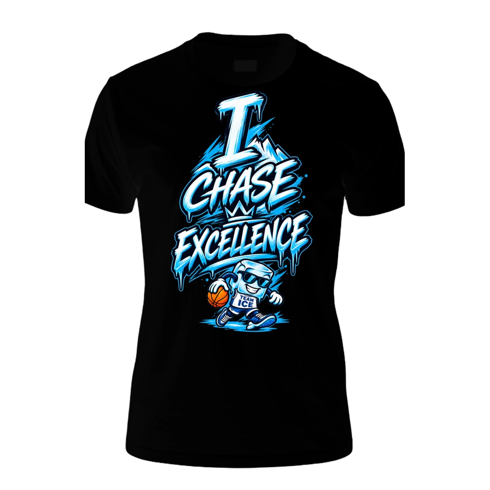 Black Team ICE tee. I CHASE EXCELLENCE in tall dripping blue and white letters with a small crown, and beneath it Cubie — an ice cube in sunglasses and a TEAM ICE jersey — dribbling a basketball.