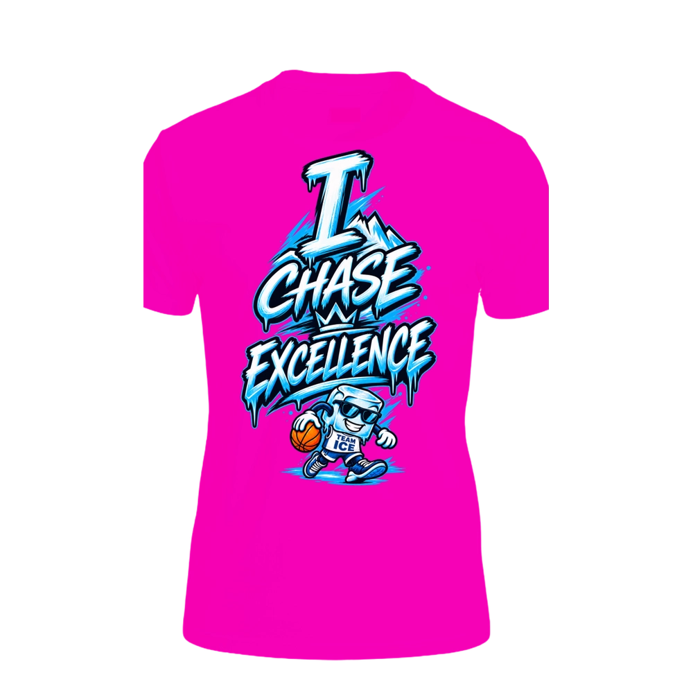 Hot pink Team ICE tee. I CHASE EXCELLENCE in tall dripping blue and white letters with a small crown, and beneath it Cubie — an ice cube in sunglasses and a TEAM ICE jersey — dribbling a basketball.