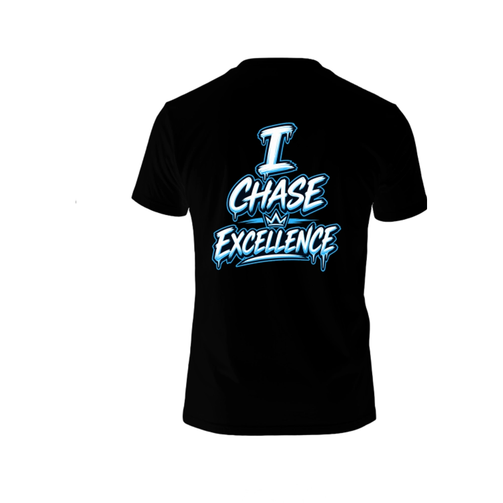 Back of the black Cubie tee. I CHASE EXCELLENCE in dripping blue and white script, with a small crown set between the words.