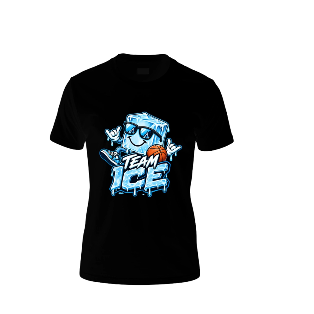 Front of the black Cubie tee. A smiling ice cube in sunglasses and sneakers throws two shakas beside a basketball, above a dripping TEAM ICE wordmark.