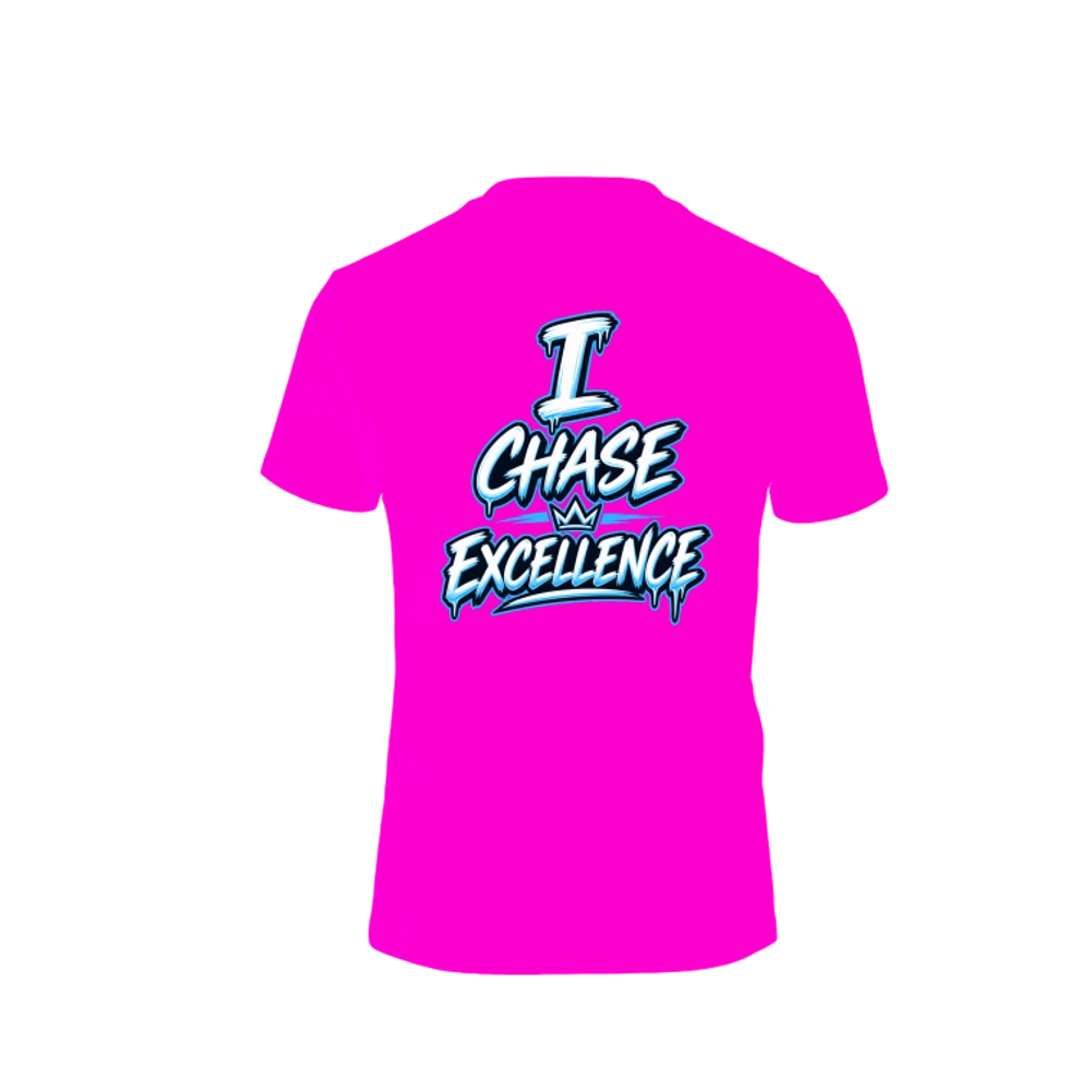 Back of the hot pink Cubie tee. I CHASE EXCELLENCE in dripping blue and white script, with a small crown set between the words.