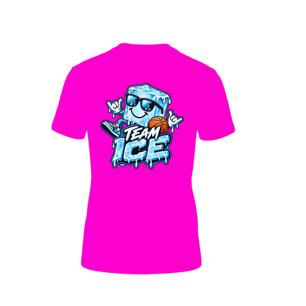 Front of the hot pink Cubie tee. A smiling ice cube in sunglasses and sneakers throws two shakas beside a basketball, above a dripping TEAM ICE wordmark.