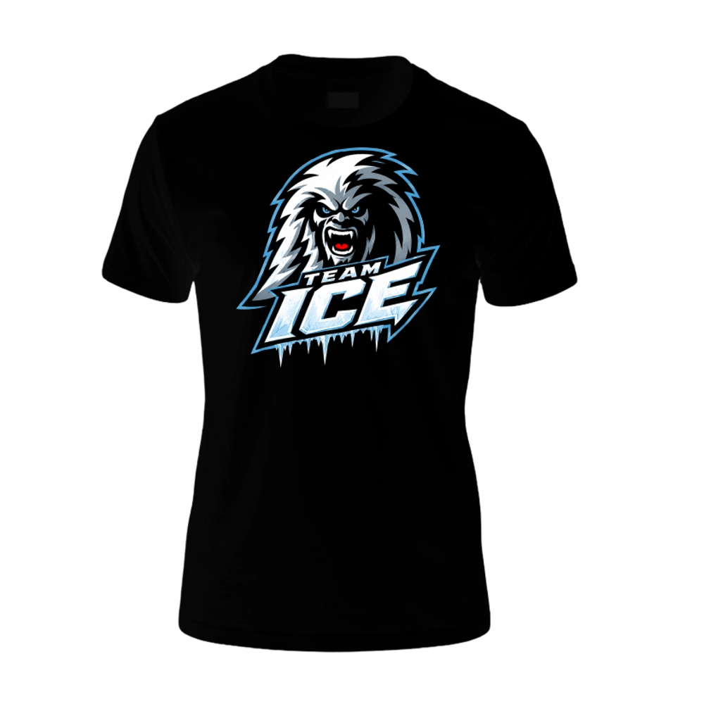Black Team ICE tee. A snarling white yeti's head sits above the TEAM ICE wordmark, set in icy blue and white with icicles hanging off it, printed across the chest.