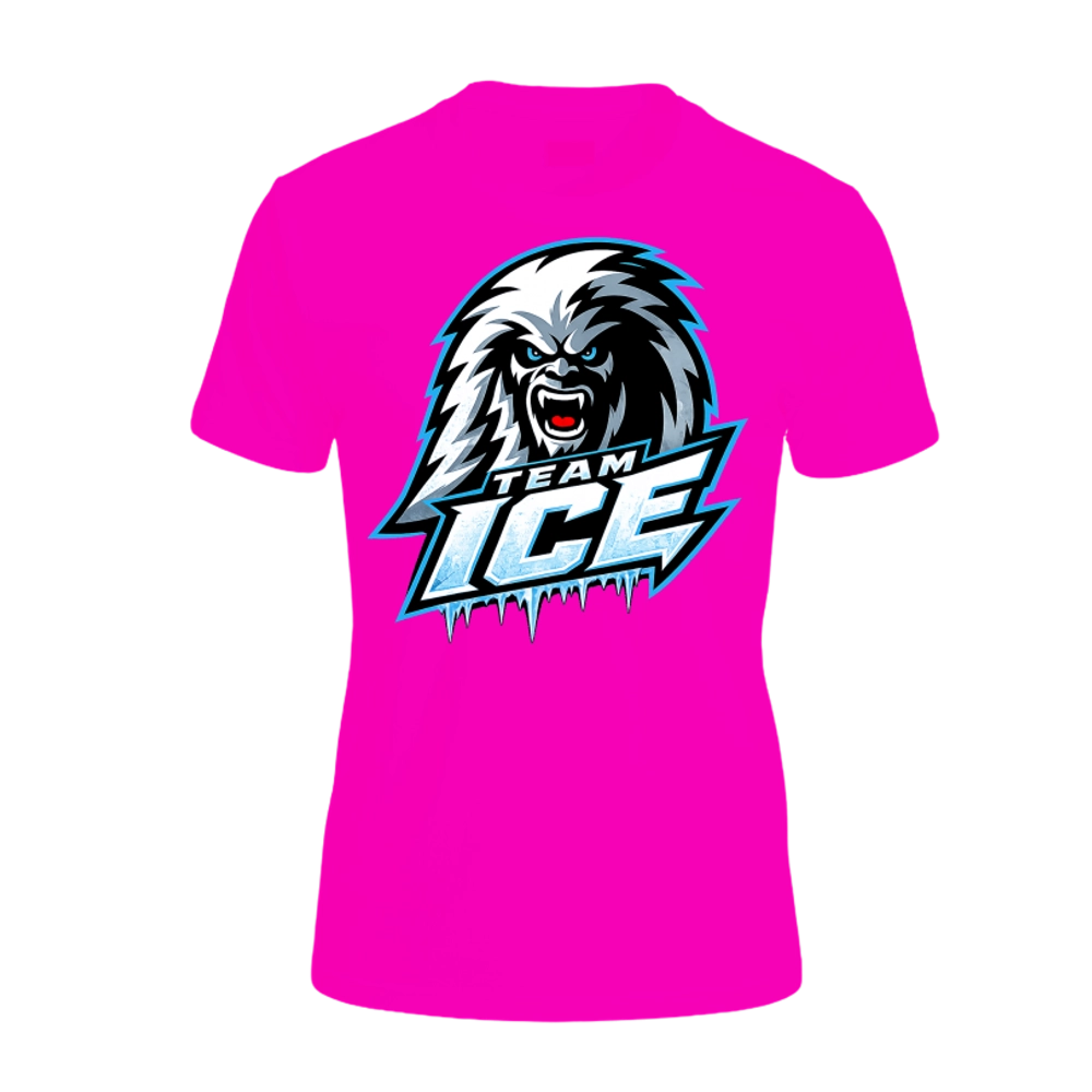 Hot pink Team ICE tee. A snarling white yeti's head sits above the TEAM ICE wordmark, set in icy blue and white with icicles hanging off it, printed across the chest.